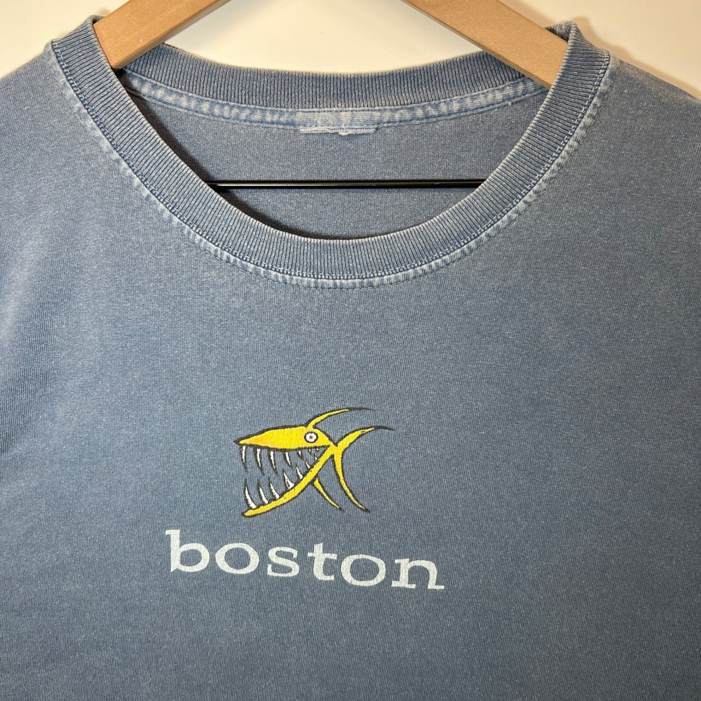 VTG Big Hed Boston Mens XL Shirt Blue Shark Cartoon 1990s Tourist Faded Tee Mass